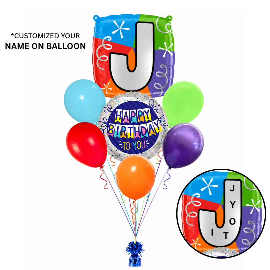Customizable Alphabet "J" Square Shaped Balloon with Customized Name Stickers Bouquet Set of 7PC | Customizable Name Inital Balloons| Choose Your Name | Helium Filled & Delivers Inflated