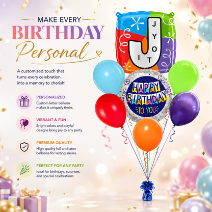 Customizable Alphabet "J" Square Shaped Balloon with Customized Name Stickers Bouquet Set of 7PC | Customizable Name Inital Balloons| Choose Your Name | Helium Filled & Delivers Inflated