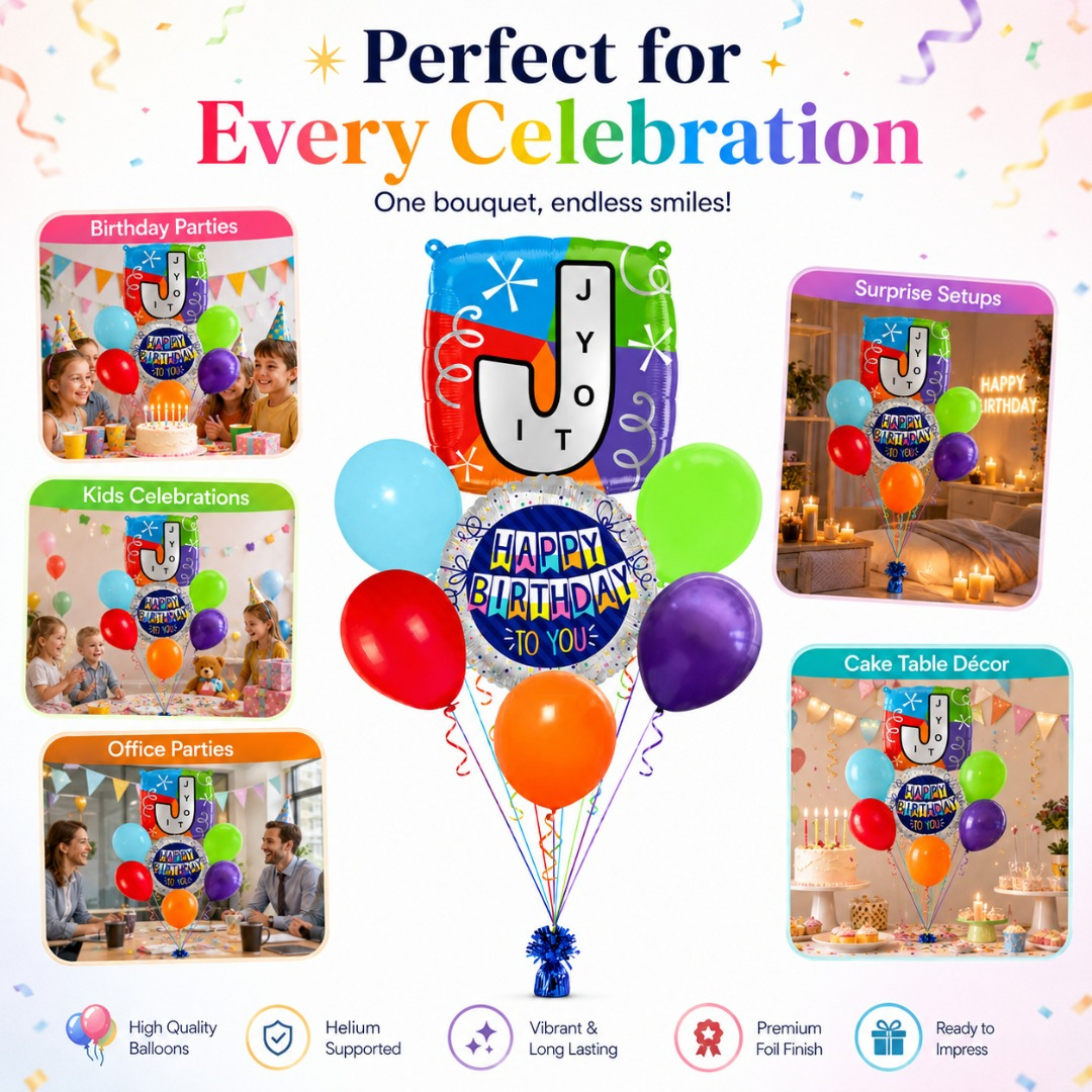 Customizable Alphabet "J" Square Shaped Balloon with Customized Name Stickers Bouquet Set of 7PC | Customizable Name Inital Balloons| Choose Your Name | Helium Filled & Delivers Inflated