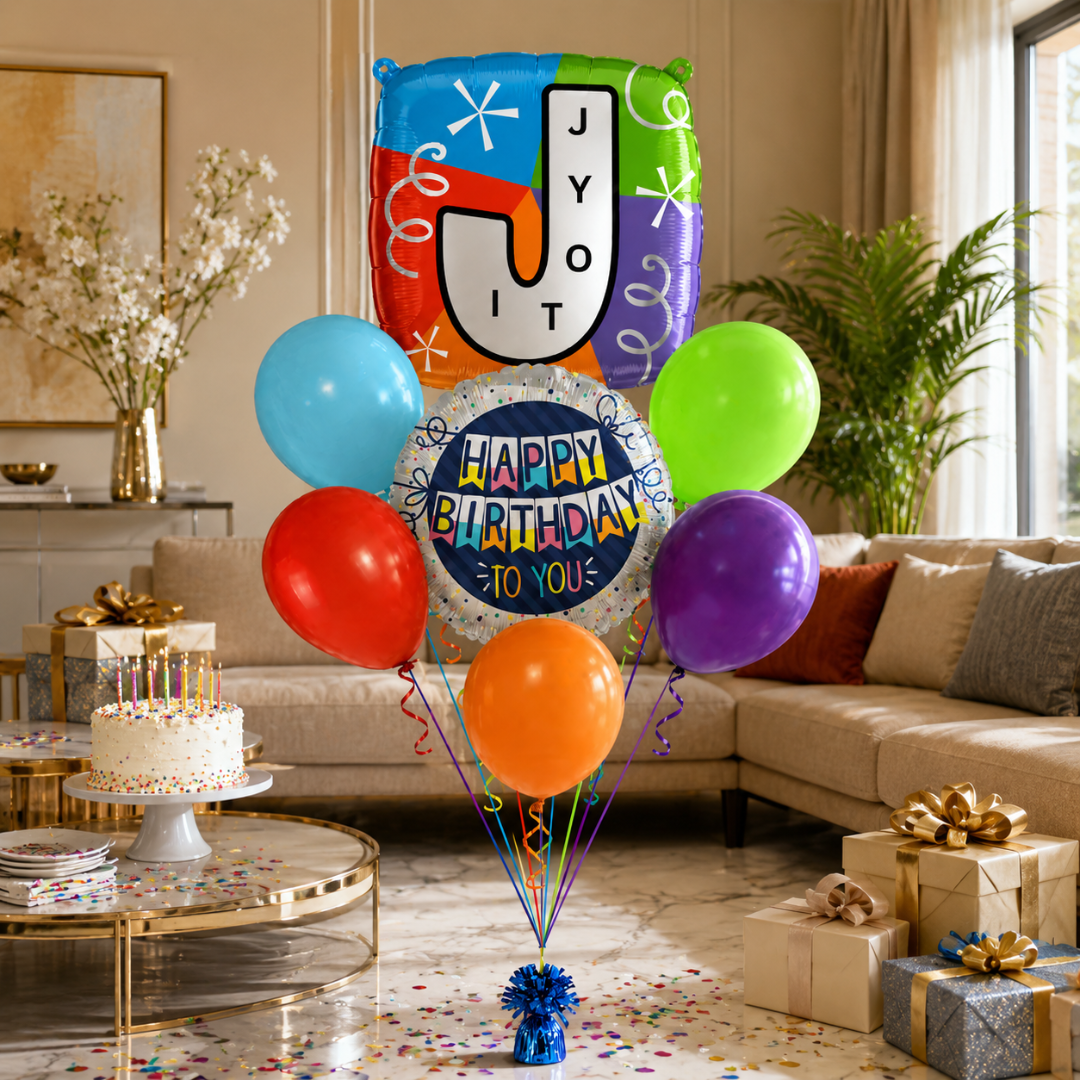 Customizable Alphabet "J" Square Shaped Balloon with Customized Name Stickers Bouquet Set of 7PC | Customizable Name Inital Balloons| Choose Your Name | Helium Filled & Delivers Inflated