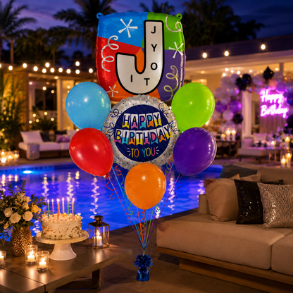 Customizable Alphabet "J" Square Shaped Balloon with Customized Name Stickers Bouquet Set of 7PC | Customizable Name Inital Balloons| Choose Your Name | Helium Filled & Delivers Inflated
