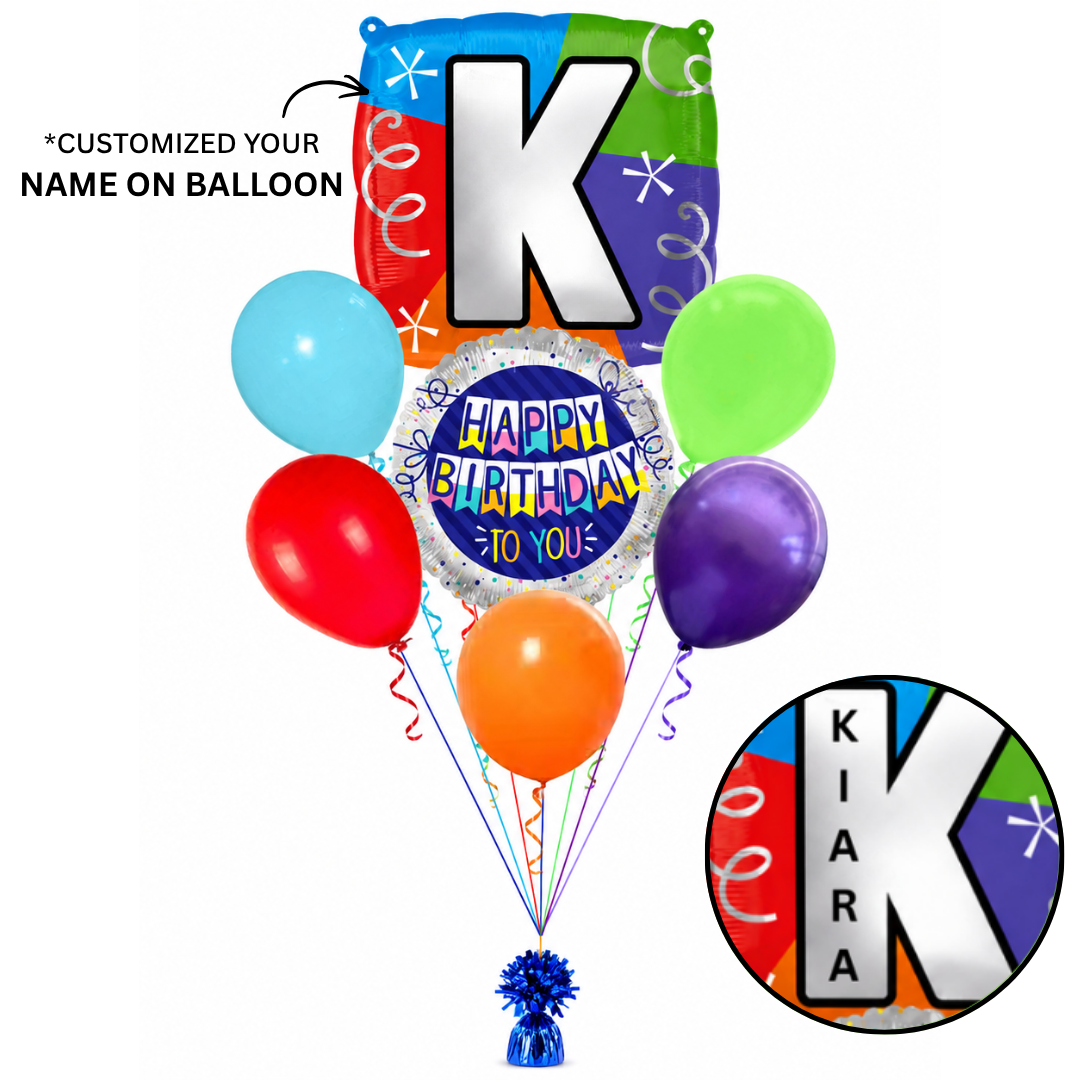 Customizable Alphabet "K" Square Shaped Balloon with Customized Name Stickers Bouquet Set of 7PC | Customizable Name Initial Balloons | Choose Your Name | Helium Filled & Delivers Inflated