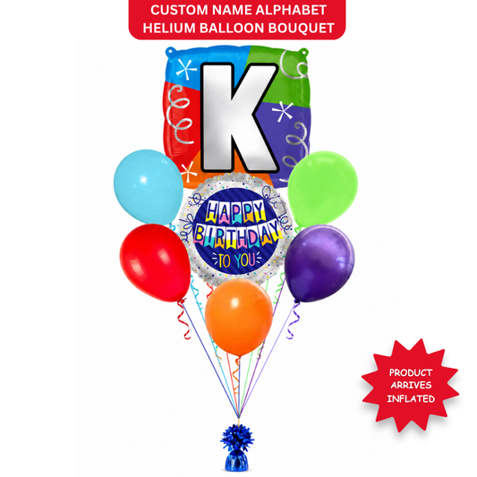 Customizable Alphabet "K" Square Shaped Balloon with Customized Name Stickers Bouquet Set of 7PC | Customizable Name Initial Balloons | Choose Your Name | Helium Filled & Delivers Inflated