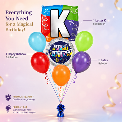 Customizable Alphabet "K" Square Shaped Balloon with Customized Name Stickers Bouquet Set of 7PC | Customizable Name Initial Balloons | Choose Your Name | Helium Filled & Delivers Inflated