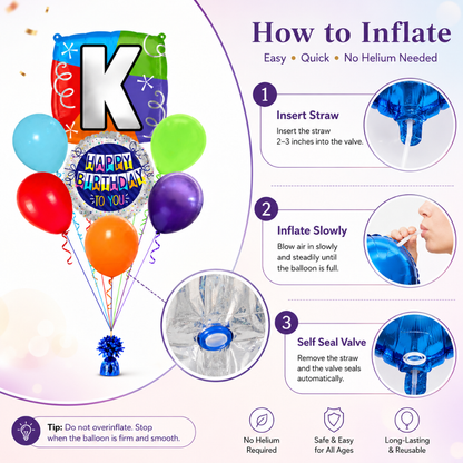 Customizable Alphabet "K" Square Shaped Balloon with Customized Name Stickers Bouquet Set of 7PC | Customizable Name Initial Balloons | Choose Your Name | Helium Filled & Delivers Inflated