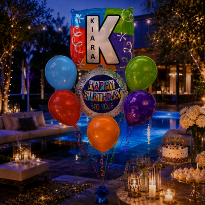 Customizable Alphabet "K" Square Shaped Balloon with Customized Name Stickers Bouquet Set of 7PC | Customizable Name Initial Balloons | Choose Your Name | Helium Filled & Delivers Inflated