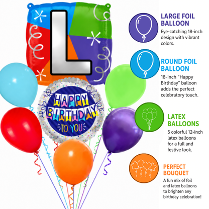 Customizable Alphabet "L" Square Shaped Balloon with Customized Name Stickers Bouquet Set of 7PC | Customizable Name Initial Balloons | Choose Your Name | Helium Filled & Delivers Inflated