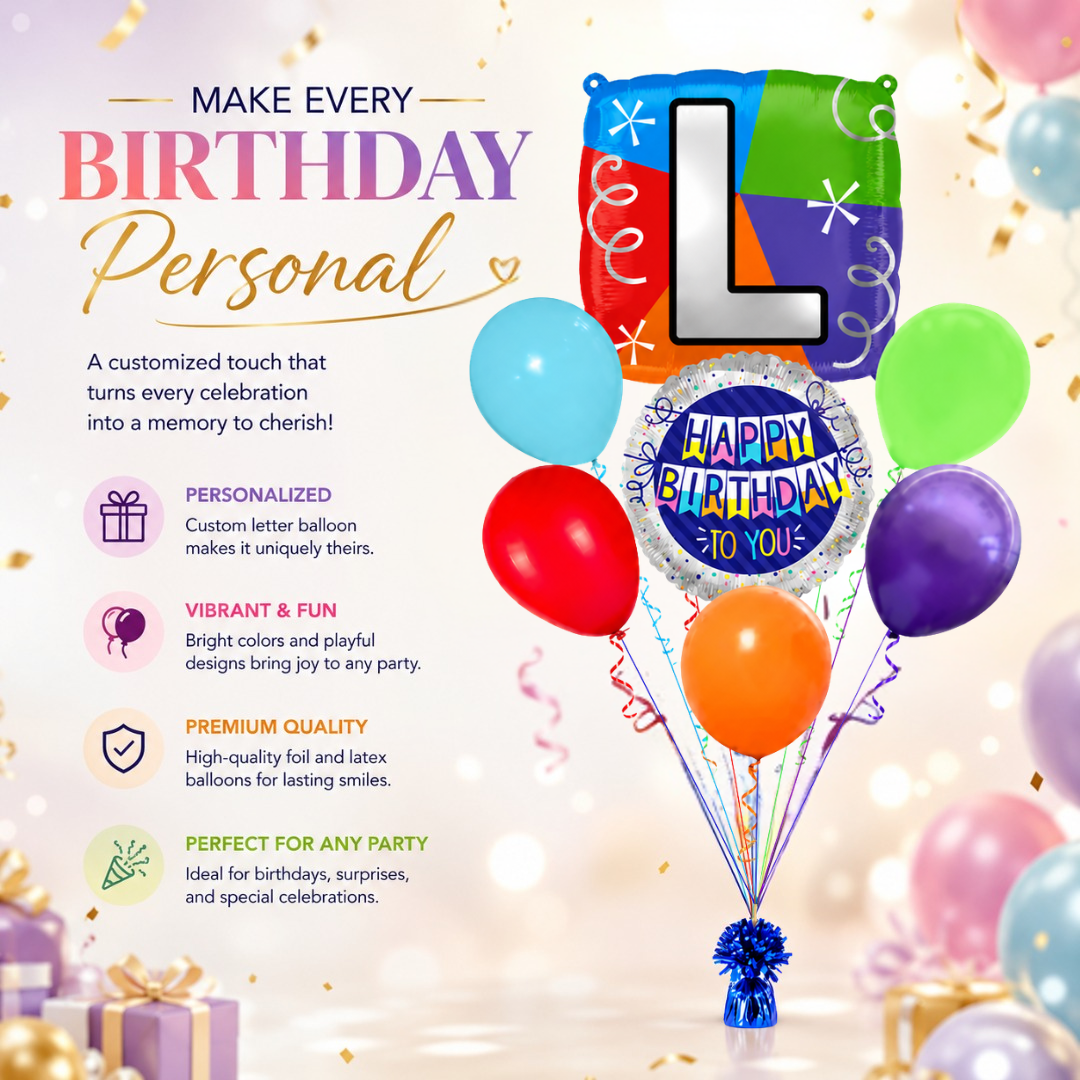 Customizable Alphabet "L" Square Shaped Balloon with Customized Name Stickers Bouquet Set of 7PC | Customizable Name Initial Balloons | Choose Your Name | Helium Filled & Delivers Inflated