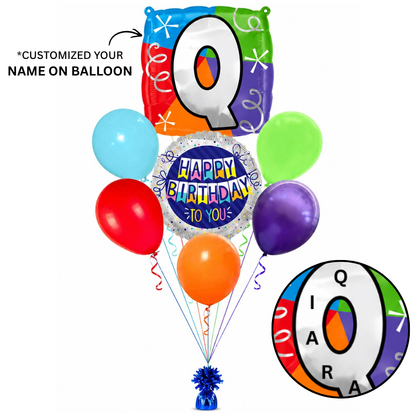 Customizable Alphabet "Q" Square Shaped Balloon with Customized Name Stickers Bouquet Set of 7PC | Customizable Name Initial Balloons | Choose Your Name | Helium Filled & Delivers Inflated