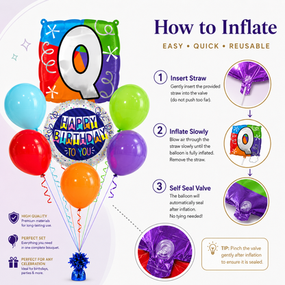 Customizable Alphabet "Q" Square Shaped Balloon with Customized Name Stickers Bouquet Set of 7PC | Customizable Name Initial Balloons | Choose Your Name | Helium Filled & Delivers Inflated