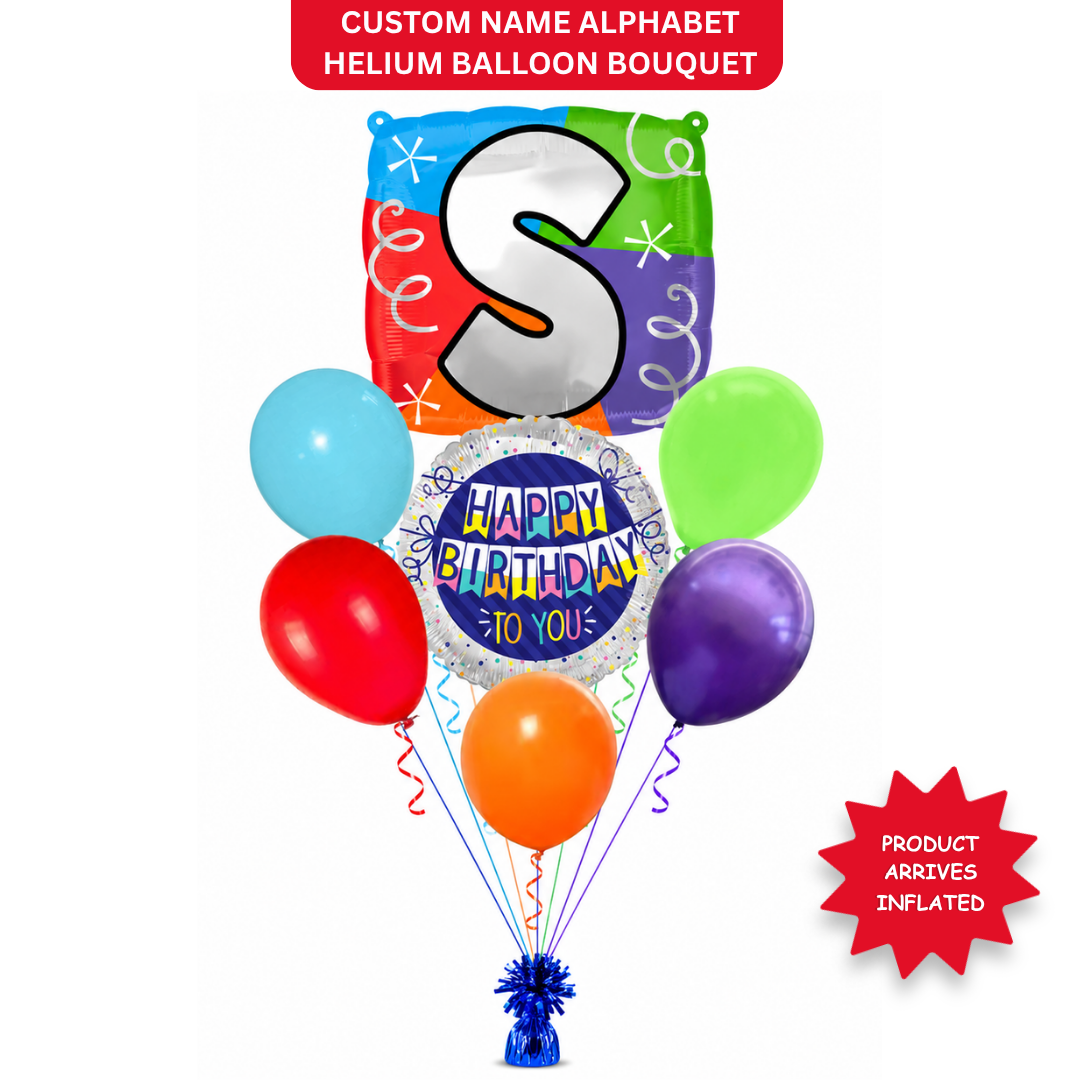 Customizable Alphabet "S" Square Shaped Balloon with Customized Name Stickers Bouquet Set of 7PC | Customizable Name Initial Balloons | Choose Your Name | Helium Filled & Delivers Inflated