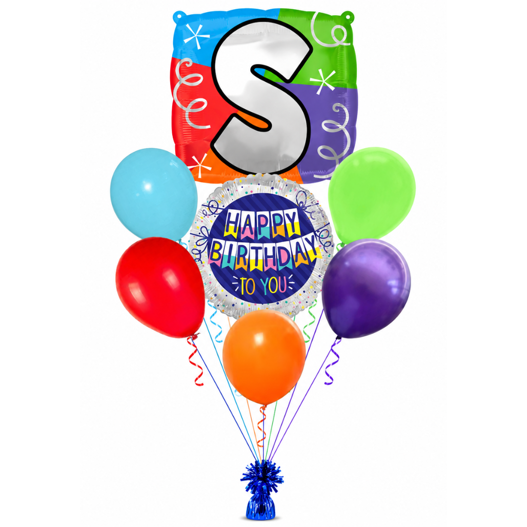 Customizable Alphabet "S" Square Shaped Balloon with Customized Name Stickers Bouquet Set of 7PC | Customizable Name Initial Balloons | Choose Your Name | Helium Filled & Delivers Inflated