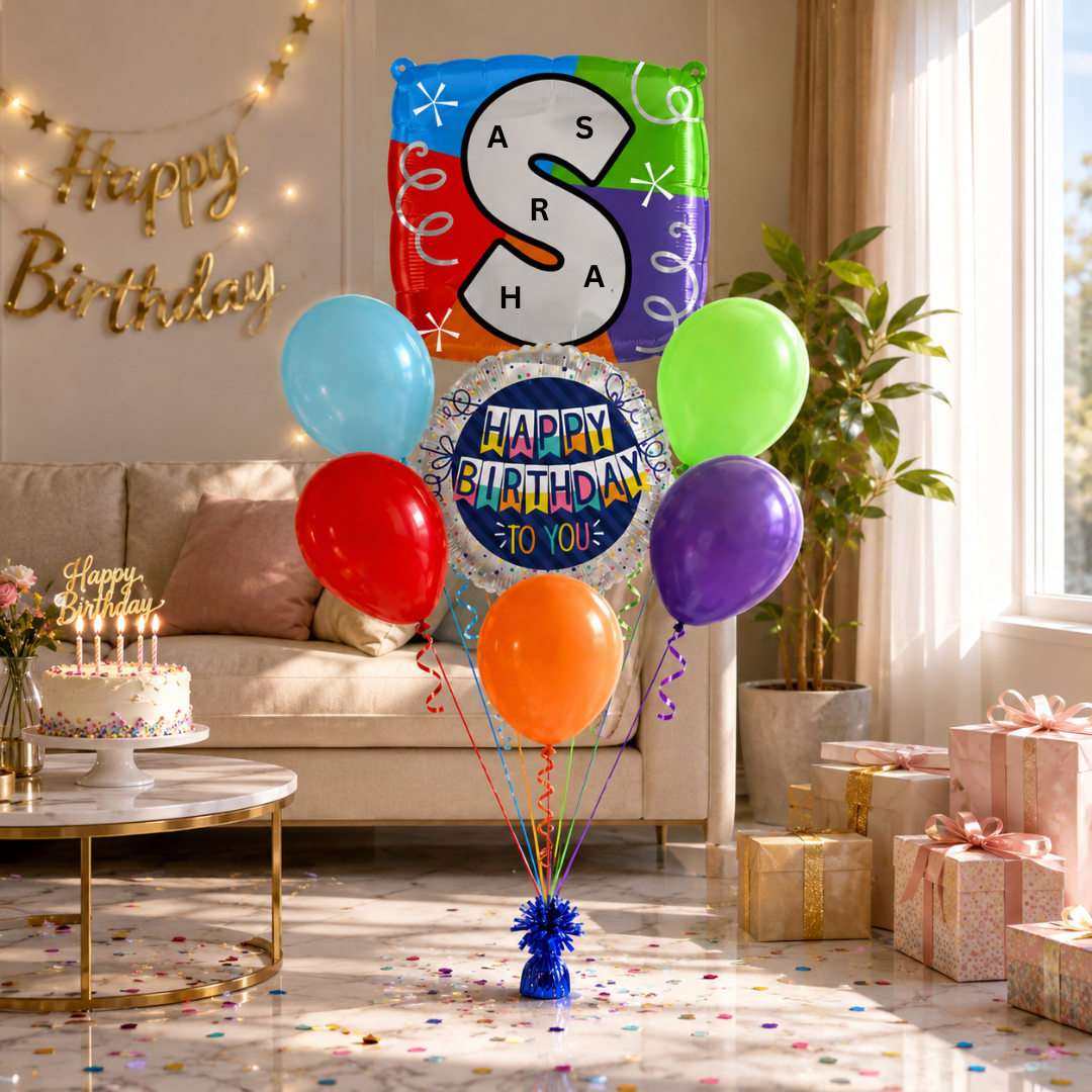 Customizable Alphabet "S" Square Shaped Balloon with Customized Name Stickers Bouquet Set of 7PC | Customizable Name Initial Balloons | Choose Your Name | Helium Filled & Delivers Inflated