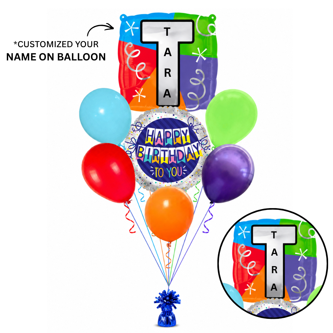 Customizable Alphabet "T" Square Shaped Balloon with Customized Name Stickers Bouquet Set of 7PC | Customizable Name Initial Balloons | Choose Your Name | Helium Filled & Delivers Inflated