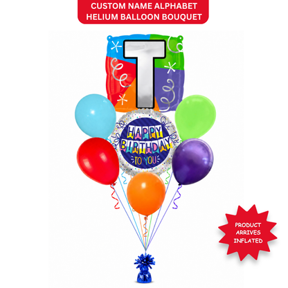 Customizable Alphabet "T" Square Shaped Balloon with Customized Name Stickers Bouquet Set of 7PC | Customizable Name Initial Balloons | Choose Your Name | Helium Filled & Delivers Inflated