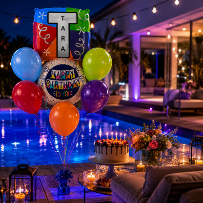 Customizable Alphabet "T" Square Shaped Balloon with Customized Name Stickers Bouquet Set of 7PC | Customizable Name Initial Balloons | Choose Your Name | Helium Filled & Delivers Inflated