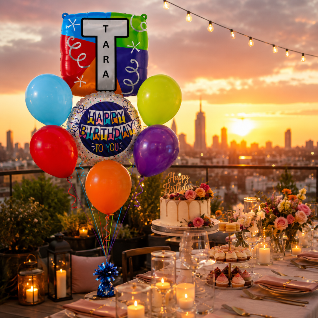 Customizable Alphabet "T" Square Shaped Balloon with Customized Name Stickers Bouquet Set of 7PC | Customizable Name Initial Balloons | Choose Your Name | Helium Filled & Delivers Inflated