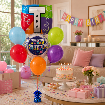 Customizable Alphabet "T" Square Shaped Balloon with Customized Name Stickers Bouquet Set of 7PC | Customizable Name Initial Balloons | Choose Your Name | Helium Filled & Delivers Inflated