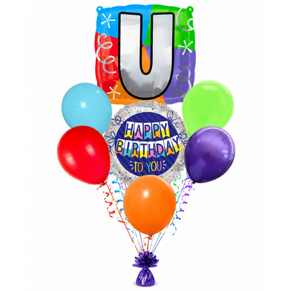 Customizable Alphabet "U" Square Shaped Balloon with Customized Name Stickers Bouquet Set of 7PC | Customizable Name Initial Balloons | Choose Your Name | Helium Filled & Delivers Inflated