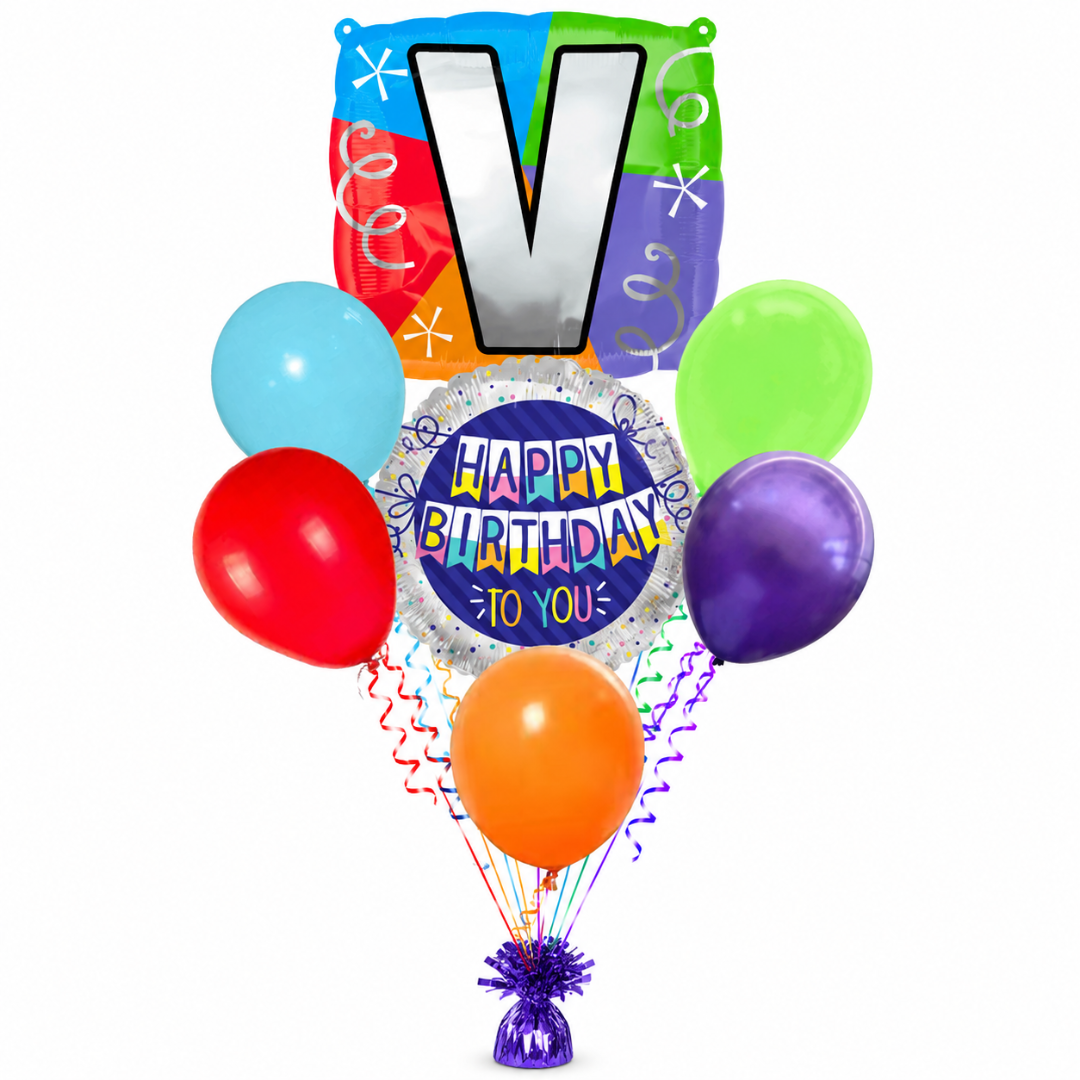 Customizable Alphabet "V" Square Shaped Balloon with Customized Name Stickers Bouquet Set of 7PC | Customizable Name Initial Balloons | Choose Your Name | Helium Filled & Delivers Inflated