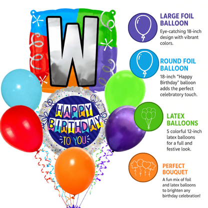Customizable Alphabet "W" Square Shaped Balloon with Customized Name Stickers Bouquet Set of 7PC | Customizable Name Initial Balloons | Choose Your Name | Helium Filled & Delivers Inflated