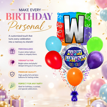 Customizable Alphabet "W" Square Shaped Balloon with Customized Name Stickers Bouquet Set of 7PC | Customizable Name Initial Balloons | Choose Your Name | Helium Filled & Delivers Inflated