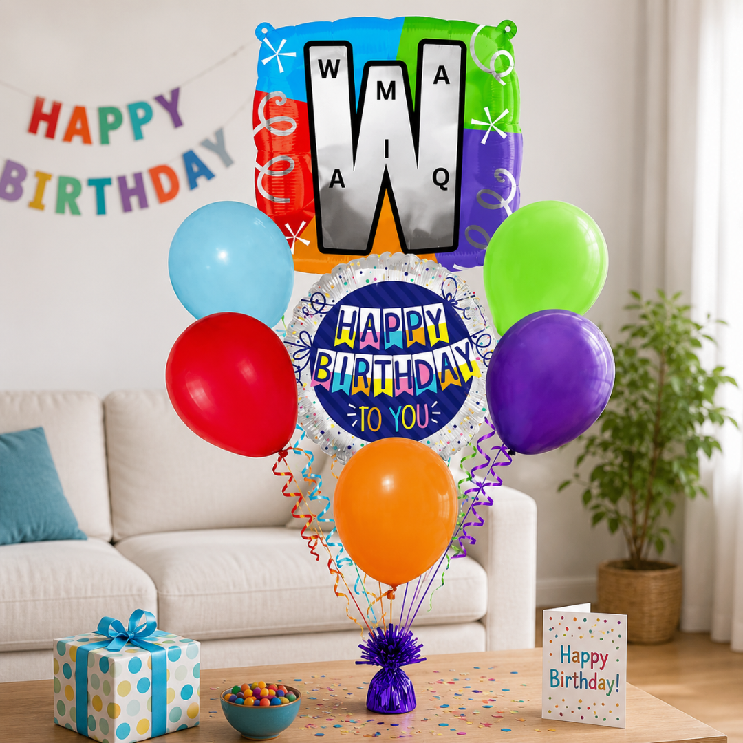 Customizable Alphabet "W" Square Shaped Balloon with Customized Name Stickers Bouquet Set of 7PC | Customizable Name Initial Balloons | Choose Your Name | Helium Filled & Delivers Inflated