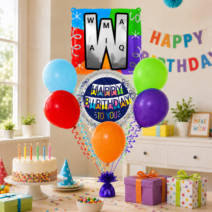 Customizable Alphabet "W" Square Shaped Balloon with Customized Name Stickers Bouquet Set of 7PC | Customizable Name Initial Balloons | Choose Your Name | Helium Filled & Delivers Inflated