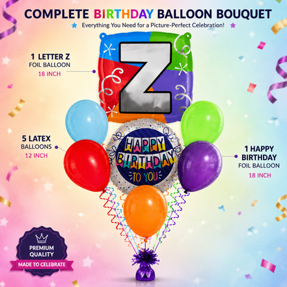 Customizable Alphabet "Z" Square Shaped Balloon with Customized Name Stickers Bouquet Set of 7PC | Customizable Name Initial Balloons | Choose Your Name | Helium Filled & Delivers Inflated
