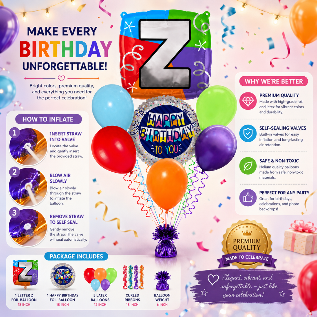 Customizable Alphabet "Z" Square Shaped Balloon with Customized Name Stickers Bouquet Set of 7PC | Customizable Name Initial Balloons | Choose Your Name | Helium Filled & Delivers Inflated