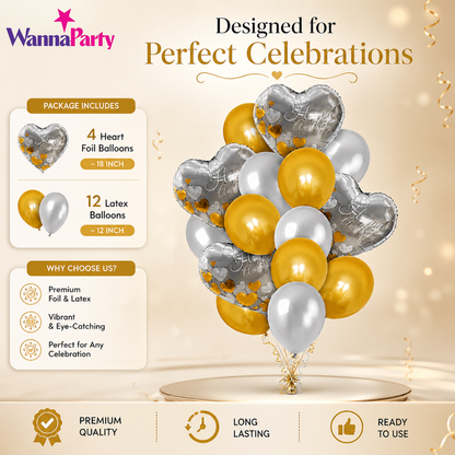Anniversary Balloon Decoration Set Silver & Gold (16 Pcs) Helium Filled & Pre-Inflated