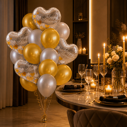 Anniversary Balloon Decoration Set Silver & Gold (16 Pcs) Helium Filled & Pre-Inflated