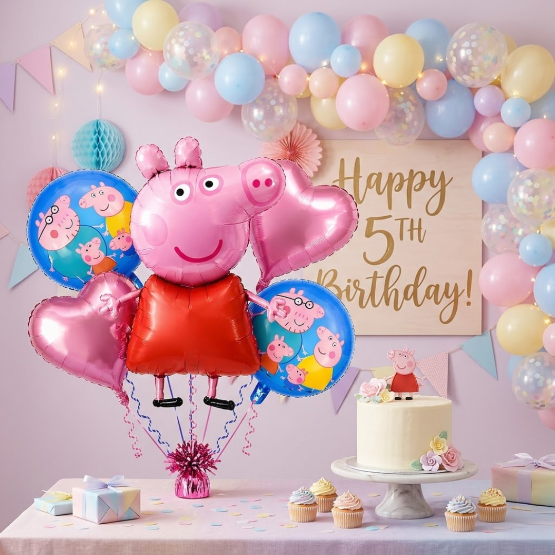 Oink Oink - Muddy Peppa Pig Helium Fiilled Balloon Bouquet Set of 5PC| Pre-Inflated & Delivered | Party Decoration
