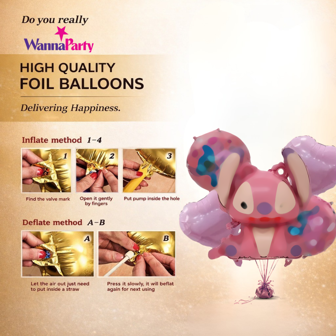 Cute Pink Stitch Cartoon Girl Theme Balloon Bouquet Set (5 Pcs) Helium Filled & Delivered Inflated