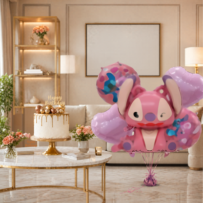 Cute Pink Stitch Cartoon Girl Theme Balloon Bouquet Set (5 Pcs) Helium Filled & Delivered Inflated