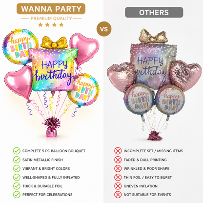 Colorful Gift Box Helium Balloon Set of 5 (Gift Box Supershape + 2 Heart Shaped + 2 Happy Birthday Printed Balloons) | Pre-Inflated & Delivered | Birthday Decoration