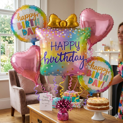 Colorful Gift Box Helium Balloon Set of 5 (Gift Box Supershape + 2 Heart Shaped + 2 Happy Birthday Printed Balloons) | Pre-Inflated & Delivered | Birthday Decoration
