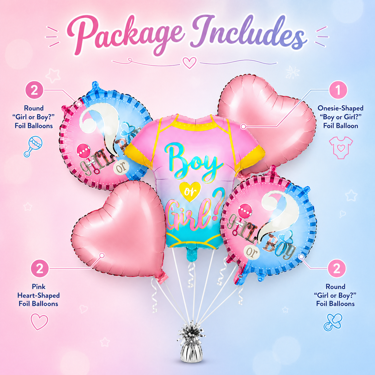 Baby Shower Helium Filled Balloon Bouquet Set of 5 | Blue & Pink Baby Welcome Balloons | Pre-Inflated Decoration for Newborn Celebration