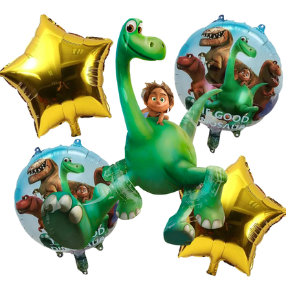 Dinosaur Theme Helium Balloon Set of 5 (Large Dino Supershape + 2 Gold Star + 2 Dinosaur Print Balloons) | Pre-Inflated & Delivered | Kids Birthday Decoration