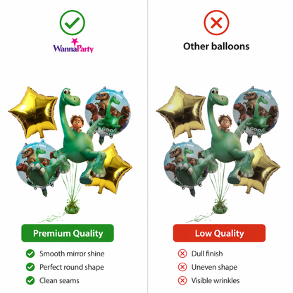 Dinosaur Theme Helium Balloon Set of 5 (Large Dino Supershape + 2 Gold Star + 2 Dinosaur Print Balloons) | Pre-Inflated & Delivered | Kids Birthday Decoration