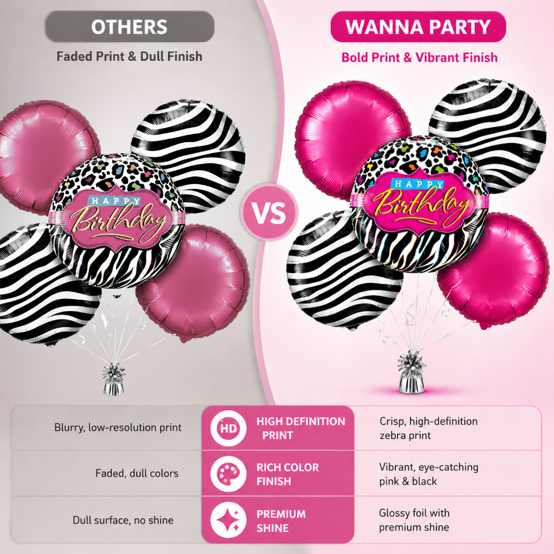Happy Birthday Black & Pink Helium Filled Balloon Bouquet Set of 5 | Pre-Inflated Foil Balloons | Birthday Party Decoration