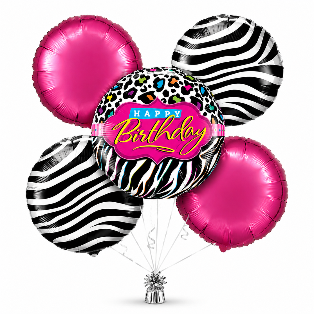 Happy Birthday Black & Pink Helium Filled Balloon Bouquet Set of 5 | Pre-Inflated Foil Balloons | Birthday Party Decoration