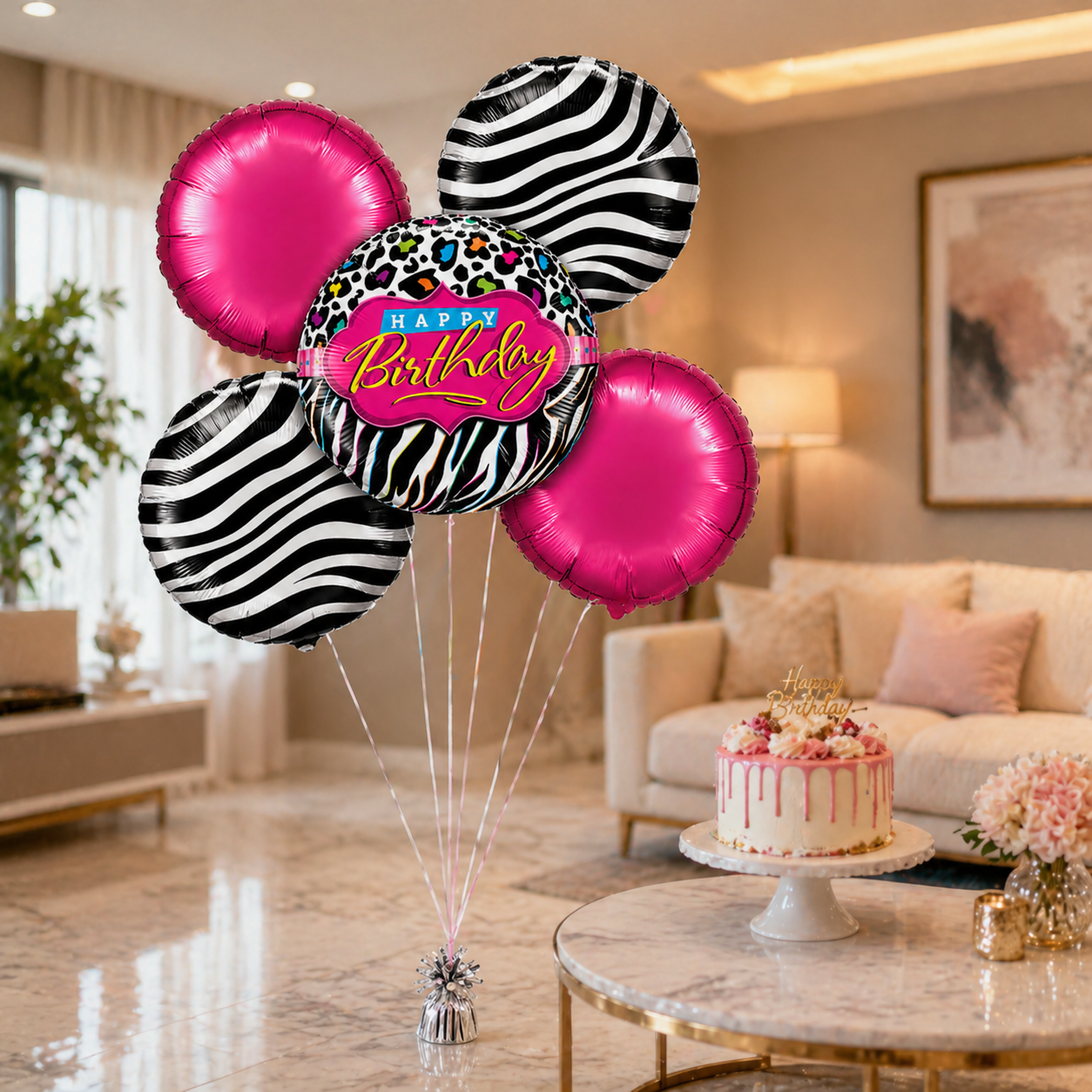 Happy Birthday Black & Pink Helium Filled Balloon Bouquet Set of 5 | Pre-Inflated Foil Balloons | Birthday Party Decoration