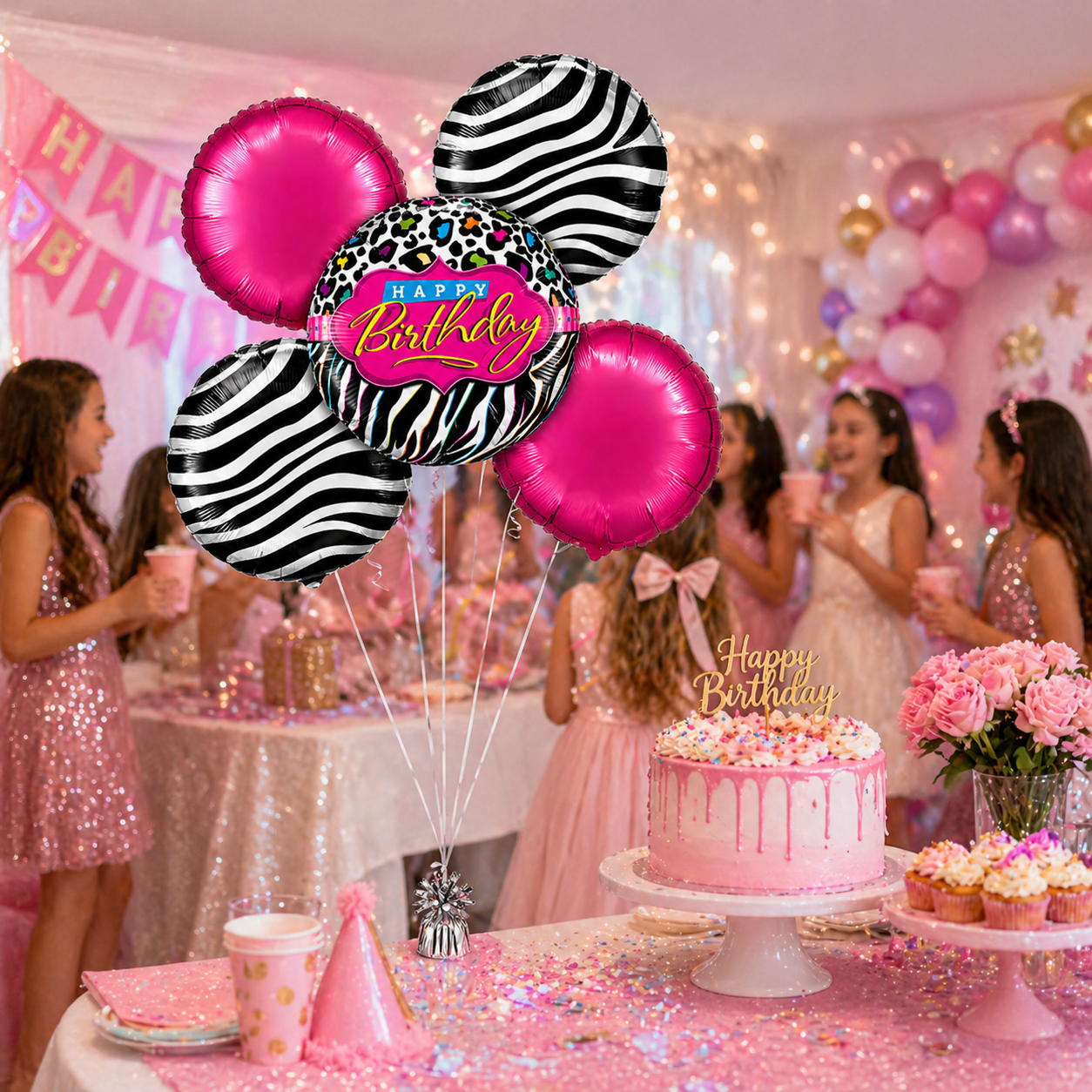Happy Birthday Black & Pink Helium Filled Balloon Bouquet Set of 5 | Pre-Inflated Foil Balloons | Birthday Party Decoration