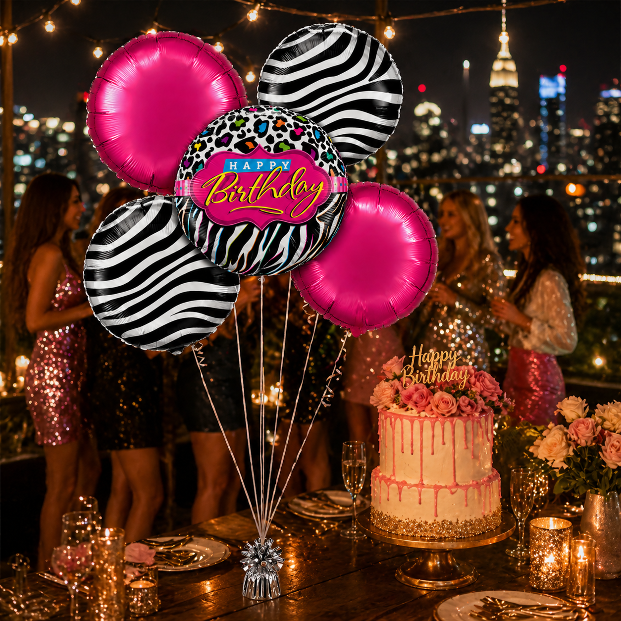 Happy Birthday Black & Pink Helium Filled Balloon Bouquet Set of 5 | Pre-Inflated Foil Balloons | Birthday Party Decoration