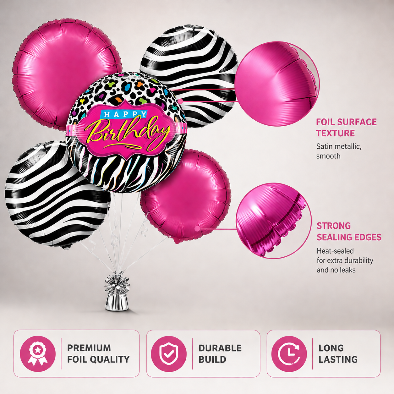 Happy Birthday Black &amp; White Set with Pink Round Balloons - 5PC