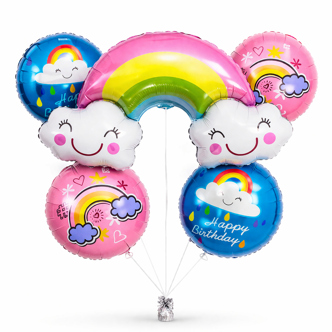 Rainbow Shaped Happy Birthday Helium Balloon Set of 5 (Rainbow Supershape + 2 Happy Birthday Round + 2 Rainbow Printed Balloons) | Pre-Inflated & Delivered | Birthday Decoration