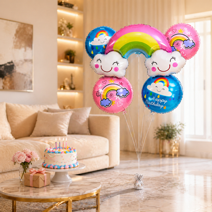 Rainbow Shaped Happy Birthday Helium Balloon Set of 5 (Rainbow Supershape + 2 Happy Birthday Round + 2 Rainbow Printed Balloons) | Pre-Inflated & Delivered | Birthday Decoration