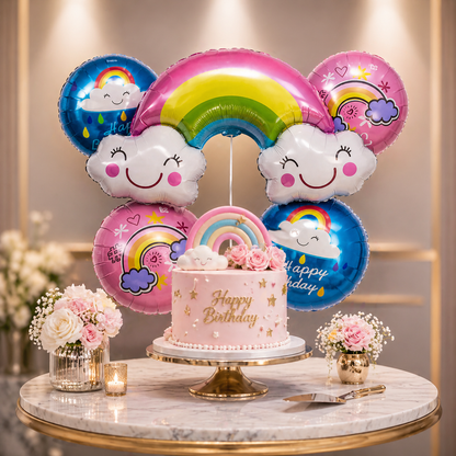Rainbow Shaped Happy Birthday Helium Balloon Set of 5 (Rainbow Supershape + 2 Happy Birthday Round + 2 Rainbow Printed Balloons) | Pre-Inflated & Delivered | Birthday Decoration