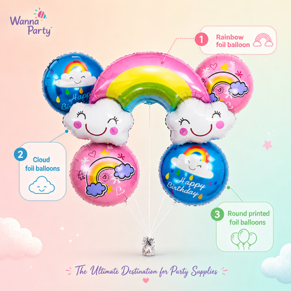 Rainbow Shaped Happy Birthday Helium Balloon Set of 5 (Rainbow Supershape + 2 Happy Birthday Round + 2 Rainbow Printed Balloons) | Pre-Inflated & Delivered | Birthday Decoration